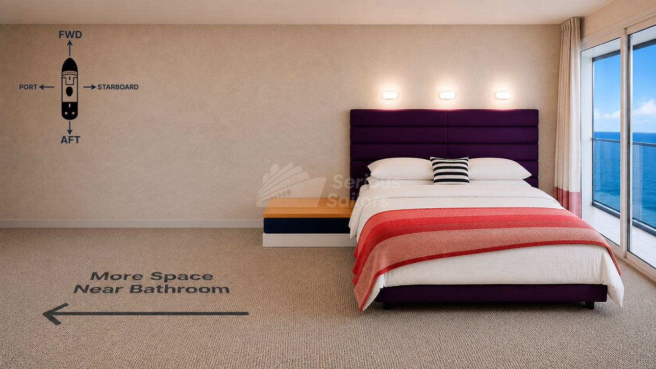 Sea Terrace cabin with the headboard against the forward wall and the bed positioned closer to the balcony door, leaving more walking space near the bathroom
